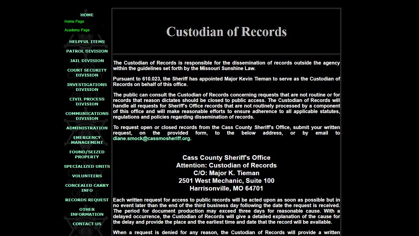 Custodian of Records - cassmosheriff